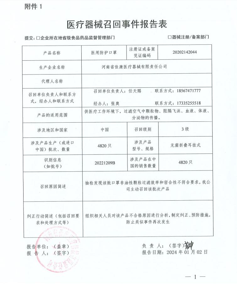 河南省佳康醫療器械有限責任公司對醫用防護口罩主動召回