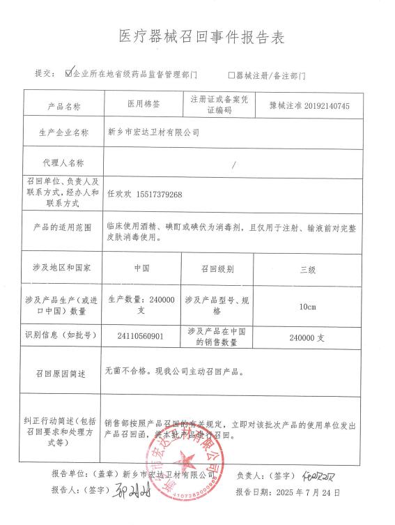 新鄉(xiāng)市宏達(dá)衛(wèi)材有限公司對(duì)醫(yī)用棉簽主動(dòng)召回 新鄉(xiāng)市宏達(dá)衛(wèi)材有限公司對(duì)醫(yī)用棉簽主動(dòng)召回